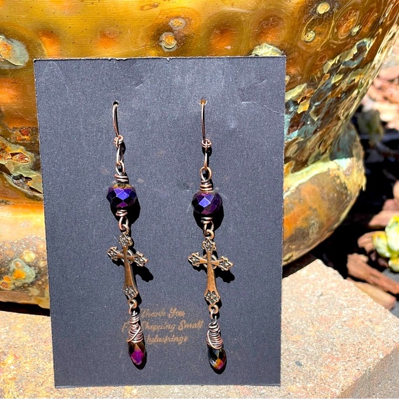 Elegant Purple Cross Dangle Earrings - Picture 7 of 12